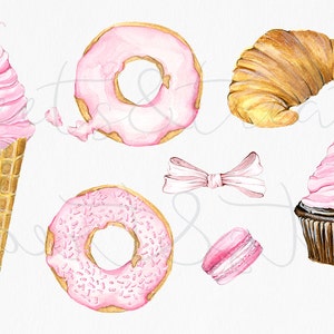 Op de afbeelding: Waterverfillustratie van roze en witte donuts, een roze ijshoorn, een roze cupcake met chocolade glazuur, een croissant, een roze macaron en een witte strik.