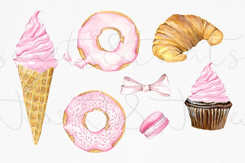 Op de afbeelding: Waterverfillustratie van roze en witte donuts, een roze ijshoorn, een roze cupcake met chocolade glazuur, een croissant, een roze macaron en een witte strik.