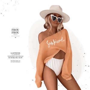 May include: Digital illustration of a woman wearing a white hat, heart-shaped sunglasses, and a peach-colored sweater with the text "Sunkissed x" on it. She is wearing a white and brown striped bikini bottom.
