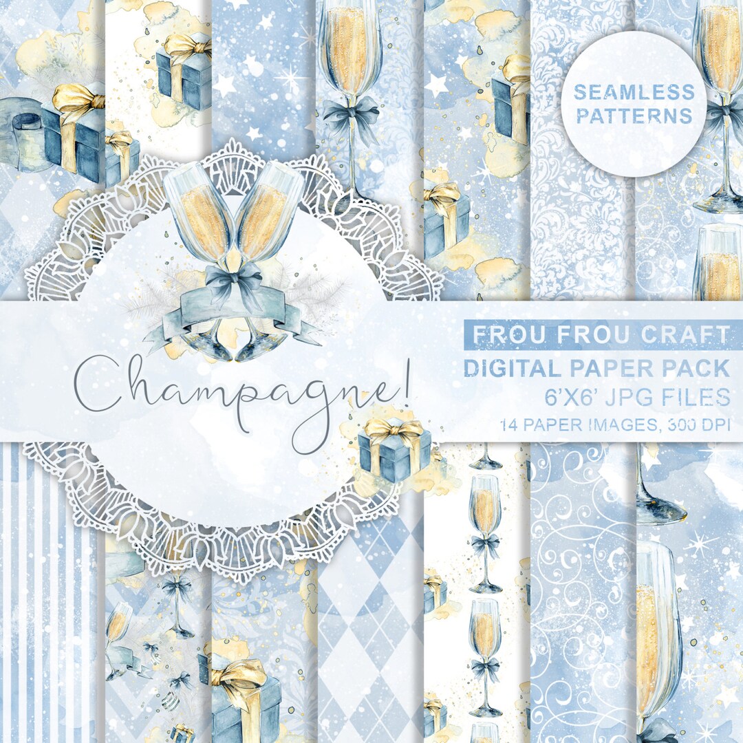 Champagne Seamless Patterns Winter Digital Paper Pack Blue Watercolor ...
