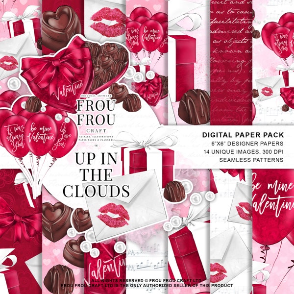 Valentines Paper Pack Love Digital Backgrounds Mignon Romantique Boîte de Chocolat Ballons Rouges Couple Motifs Sans Couture Cupidons Illustration Cœurs