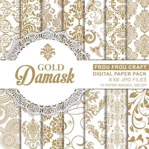 May include: Gold Damask digital paper pack featuring 14 images with ornate gold patterns on a white background. The pack includes 6x6 inch JPG files at 300 DPI. The design includes floral and scrollwork elements.