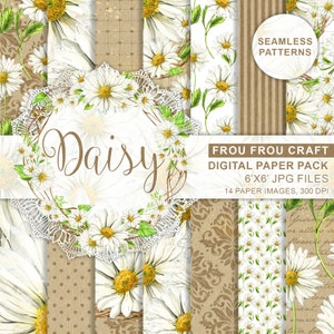 Daisies Digital Paper Pack Watercolor Daisy White Camomile Flowers Seamless Patterns Spring Green Romantic Wedding Instant Download Original image 1