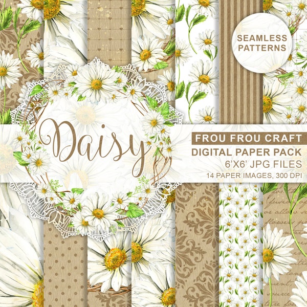 Daisies Digital Paper Pack Watercolor Daisy White Camomile Flowers Seamless Patterns Spring Green Romantic Wedding Instant Download Original