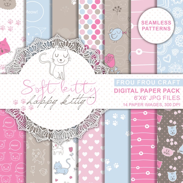 Cute Kitty Seamless Patterns Instant Download Digital Paper Pack Sweet Kittens Cats Baby White Fushcia Chocolate Brown Pink Blue 6x6 Inches