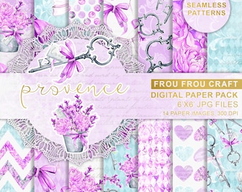 Lavender Digital Paper Pack Provencce Seamless Patterns, Watercolor Flowers, Repeatable Patterns, Pink Purple Stickers, Vintage Retro Key