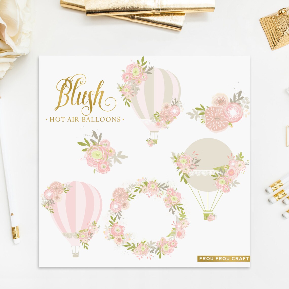 Pink Hot Air Balloons Flowers Clipart Intant Download Digital Etsy