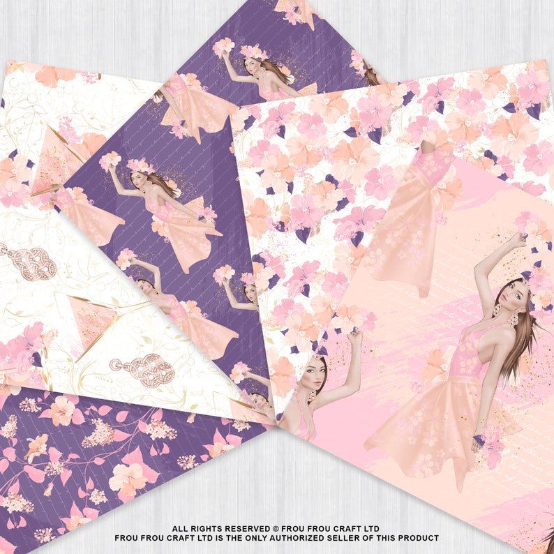 K&ouml;nnte beinhalten: Vier digitale Papierdesigns mit einer Frau in einem rosa Kleid mit Blumen im Haar. Die Designs beinhalten einen violetten Hintergrund mit wei&szlig;en Blumen, einen wei&szlig;en Hintergrund mit rosa Blumen, einen rosa Hintergrund mit wei&szlig;en Blumen und einen wei&szlig;en Hintergrund mit goldenen Akzenten.