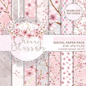 Cherry Blossom Digital Paper Pack Download istantaneo Fiori dell'acquerello di primavera Polka Dots Rosa Matrimonio romantico originale