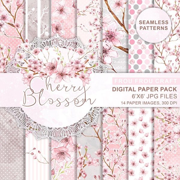 Cherry Blossom Digital Paper Pack Instant Download Spring Watercolor Flowers Polka Dots Pink Original Romantic Wedding
