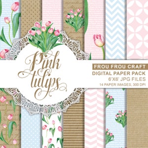 Pinke Tulpen Aquarell Frühling Blumen Digital Paper Pack Instant Download Kraftpapier Mint Pink Blau Frühling Persönliche Nutzung 6x6 Zoll