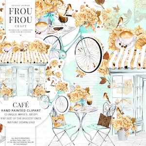 Koffie Clipart Aquarel Bakkerij Clip Art Cafe Shop Frans Restaurant Parijs Graphics Romantische Bloemen Fiets Valentine Planner Stickers Set