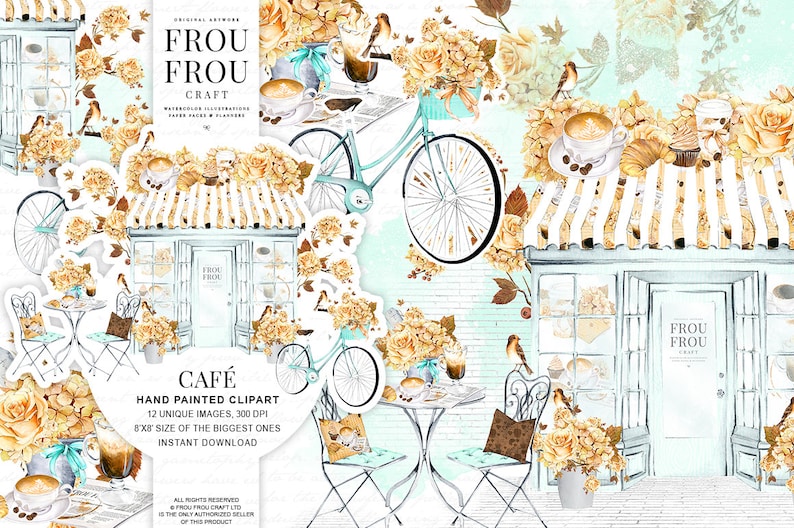 May include: A digital illustration of a cafe with a bicycle, flowers, and a striped awning. The cafe is called "Frou Frou Craft" and has a sign that says "Cafe".