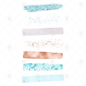 May include: A set of digital brush strokes in various colors and textures, including blue glitter, silver glitter, copper glitter, blue floral, and light blue watercolor. These digital brushes are perfect for adding a touch of sparkle and elegance to your digital designs.