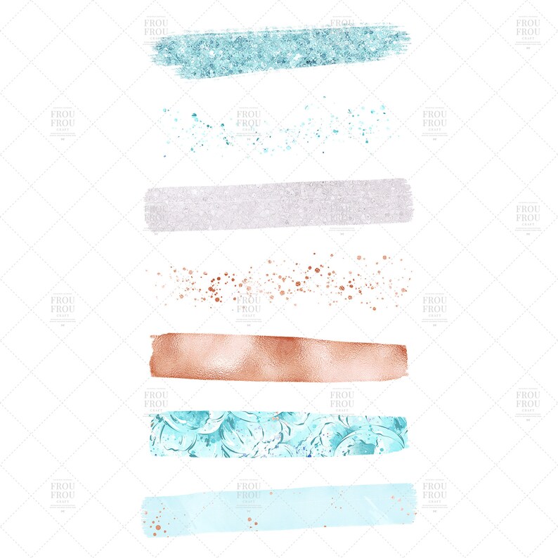 May include: A set of digital brush strokes in various colors and textures, including blue glitter, silver glitter, copper glitter, blue floral, and light blue watercolor. These digital brushes are perfect for adding a touch of sparkle and elegance to your digital designs.