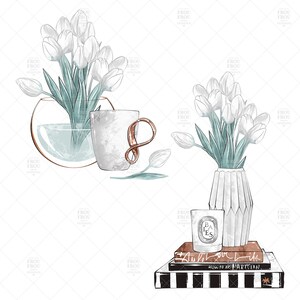 May include: Two arrangements of white tulips in vases. One vase is clear glass with a copper rim, the other is white ceramic with a geometric design. The arrangement on the right also includes a white candle with a black label that says "BA ES" and a stack of books with the text "Aulot Life" and "HOW TO BE PARTCIAN".