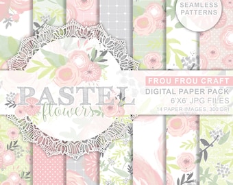Pastel Flowers Digital Paper Pack Seamless Patterns Instant Download Repeatable Sage Blush Pink Mint Grey Green Cute Baby Nursery Gift Wrap