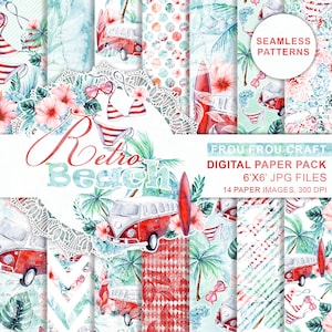 Sommer Papier Pack, Strand Muster, Sea Seamless Muster, Tropischer Hintergrund, Urlaub Scrapbook, Retro Caravan Boho Surfbrett Mint Rot Palme