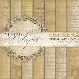 May include: A digital paper pack with 14 vintage-style paper designs. The papers feature a variety of textures and patterns, including music sheets, handwritten text, and lace. The papers are 6 inches by 6 inches and 300 DPI.