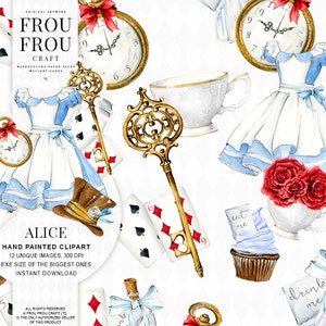 Alicja w krainie czarów clipart Alicja clipart akwarela Alicja przygody szalony kapelusznik spotkanie przy herbacie zjedz mnie wypij mnie biały królik kluczowa ilustracja