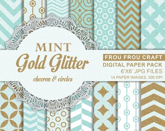 Geometric Mint Digital Paper Pack Instant Download Circles Chevron Gold Glitter Pattern Background Texture White Simple  6x6 inches