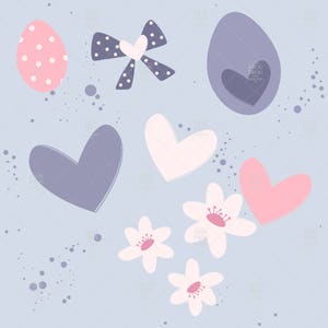 May include: A light blue background with pink, white, and purple hearts, flowers, and eggs. The design is whimsical and perfect for a nursery or child's room.