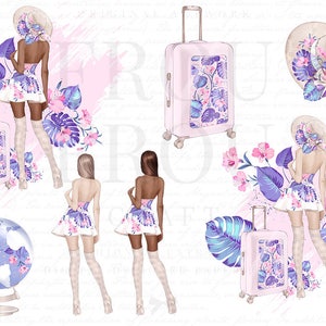 May include: A set of digital illustrations featuring a woman in a floral dress, a suitcase, a globe, and floral accents. The illustrations are in a watercolour style with pink, blue, and purple colours.