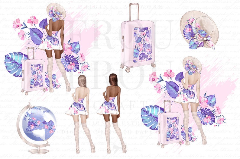 May include: A set of digital illustrations featuring a woman in a floral dress, a suitcase, a globe, and floral accents. The illustrations are in a watercolour style with pink, blue, and purple colours.