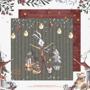 May include: A whimsical illustration featuring a rabbit character with outstretched arms, surrounded by Christmas decorations and gifts. The background is a muted green with vertical stripes and hanging light bulbs. The text "FROU FROU CRAFT" is visible.