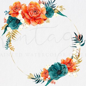 May include: A watercolor wreath with orange and teal flowers, gold leaves, and a gold circle frame. The wreath is on a white background.