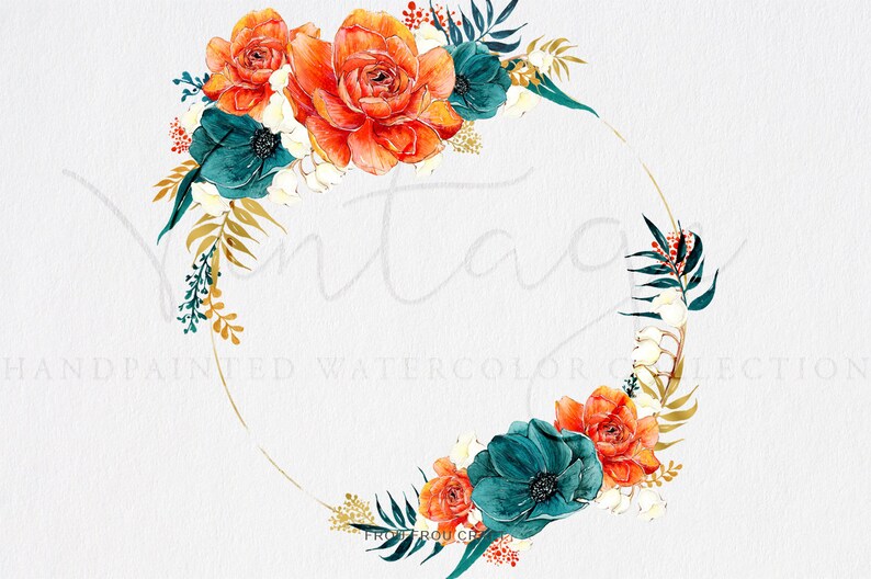 May include: A watercolor wreath with orange and teal flowers, gold leaves, and a gold circle frame. The wreath is on a white background.