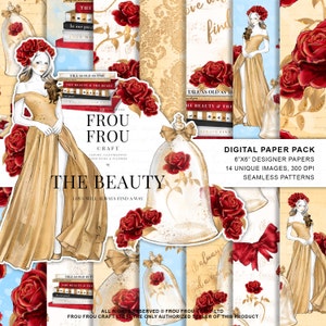 Princess Digital Paper Pack Belle Repeatable Patterns Acquerello Beauty and the Beast Planner Cover Red Roses Gold Stickers Fairytale Shower