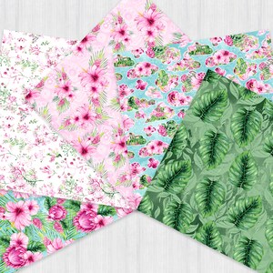 May include: Five different digital paper designs featuring floral and tropical patterns. The designs include pink hibiscus flowers, green leaves, and white and blue backgrounds.