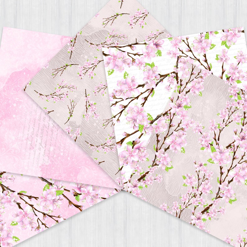 Puede incluir: Cuatro dise&ntilde;os de papel digital con flores de cerezo rosas sobre un fondo blanco. Los papeles tienen un fondo texturizado sutil.