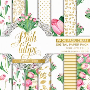 Feuille d’or rose Tulipes Aquarelle Printemps Fleurs Digital Paper Pack Téléchargement instantané Papier Kraft Vert Blanc Rose Usage Personnel 6x6 Pouces