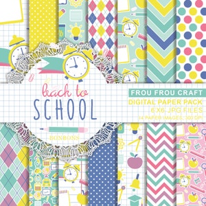 May include: A digital paper pack with 14 different patterns featuring school-themed illustrations, including clocks, pencils, apples, and a graduation cap. The patterns are in a variety of colors, including yellow, blue, pink, and green. The text "back to school" is featured in a white circle with a lace border. The text "Frou Frou Craft" is featured in a banner at the top of the image. The text "Digital Paper Pack" is featured in a banner below the text "back to school". The text "6x6 JPG Files" is featured in a banner below the text "Digital Paper Pack". The text "14 Paper Images - 300 DPI" is featured in a banner below the text "6x6 JPG Files".