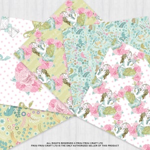 May include: A collection of patterned papers featuring illustrations of women, flowers, and birds. The papers showcase a variety of designs, including polka dots, floral arrangements, and botanical motifs. The color palette includes soft pinks, greens, and blues, creating a vintage aesthetic.