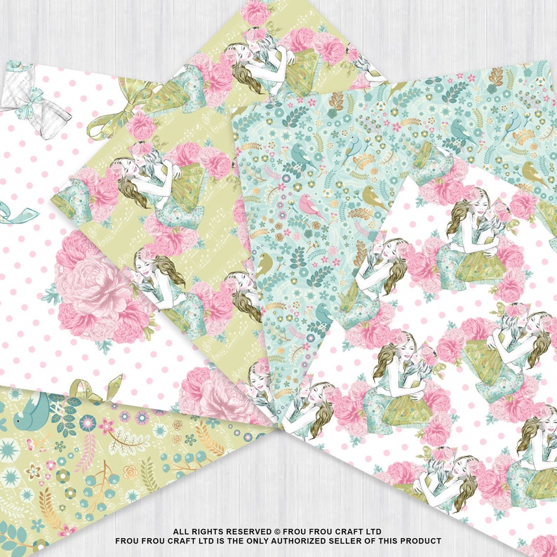 May include: A collection of patterned papers featuring illustrations of women, flowers, and birds. The papers showcase a variety of designs, including polka dots, floral arrangements, and botanical motifs. The color palette includes soft pinks, greens, and blues, creating a vintage aesthetic.