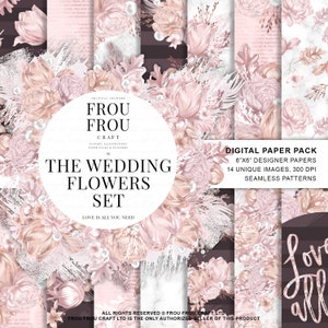 Peut inclure: Un pack de papier numérique avec 14 images uniques de fleurs de mariage roses et blanches, de perles et de textures de marbre. Les images mesurent 15,24 cm sur 15,24 cm et ont une résolution de 300 DPI. Le texte "The Wedding Flowers Set" et "Love is all you need" est inclus dans l'image.