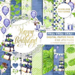 May include: A digital paper pack with 14 seamless patterns featuring blueberries, cupcakes, balloons, and leafy designs in shades of blue, green, and white. The text "Happy Birthday!" is featured in a gold script font.