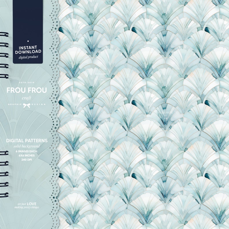 K&ouml;nnte beinhalten: Ein digitales Muster mit einem nahtlosen Design aus &uuml;berlappenden blauen und wei&szlig;en Aquarell-F&auml;cherformen. Das Muster ist perfekt f&uuml;r die Erstellung von Hintergr&uuml;nden, Stoffdesigns und anderen kreativen Projekten.