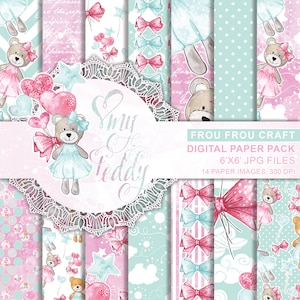 Teddybär Digitales Papier Sofort Download Pack Baby Ballon Mädchen Rosa Blau Süß Original Kinderzimmer Scrapbook Karten