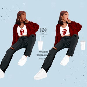 以下が含まれることがあります： 赤いチェックのシャツ、黒の破れたジーンズ、赤い舌のグラフィックが描かれた白いクロップトップ、白いスニーカーを着用した人物のデジタルイラストが2つ。人物は片手に白いカップを持っている。背景は薄い青色です。