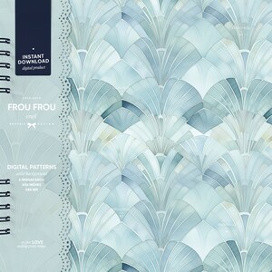 K&ouml;nnte beinhalten: Ein nahtloses Muster mit einem sich wiederholenden Design aus &uuml;berlappenden blauen und wei&szlig;en Aquarell-F&auml;cherformen. Das Muster ist perfekt f&uuml;r die Erstellung digitaler Designs, Hintergr&uuml;nde und Drucke.