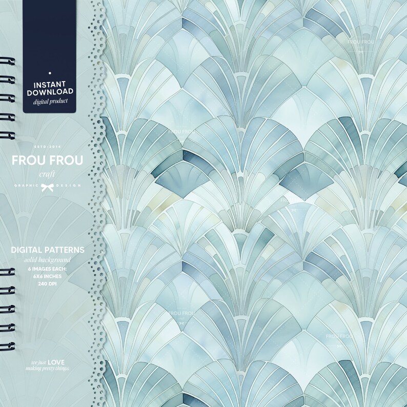 K&ouml;nnte beinhalten: Ein nahtloses Muster mit einem sich wiederholenden Design aus &uuml;berlappenden blauen und wei&szlig;en Aquarell-F&auml;cherformen. Das Muster ist perfekt f&uuml;r die Erstellung digitaler Designs, Hintergr&uuml;nde und Drucke.