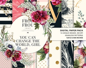 Girl Boss Paper Pack, Romantic Floral Paper Pack, Feminine Planner Stickers, Whimsical Flowers Fabric Red Roses Navy Blue Designer Paper Pad