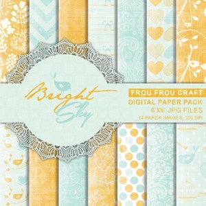 Yellow Blue Digital Paper Pack Téléchargement instantané vintage Bright Sky Pattern Chevron Floral Birds Polka Dots Heart Frame Damask 6x6 pouces