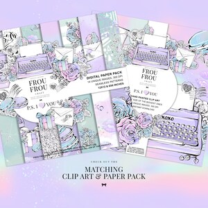 May include: Digital paper pack with a pastel color scheme. The design includes illustrations of typewriters, roses, envelopes, and gift boxes. The text on the pack reads "Digital Paper Pack 12x12 & 6x6 inches". The overall theme is romantic and vintage.