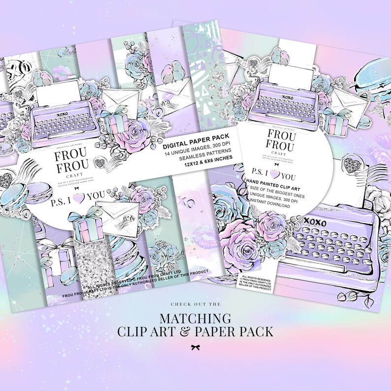 May include: Digital paper pack with a pastel color scheme. The design includes illustrations of typewriters, roses, envelopes, and gift boxes. The text on the pack reads "Digital Paper Pack 12x12 & 6x6 inches". The overall theme is romantic and vintage.