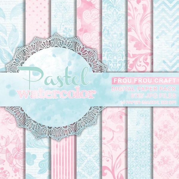 Pastell Aquarell Digitales Papier Pack Sofort Download Blau Mint Weiß Pink Garten Blumen Floral Vintage Rustikale Damast Romantisch 6x6 Zoll